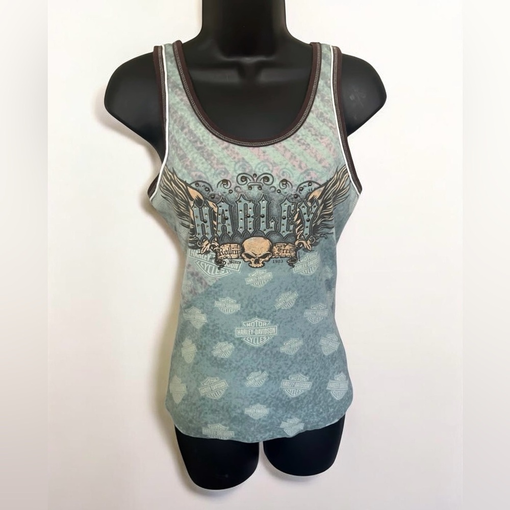 Y2K 2008 Harley Davidson Skull & Wings 100% Cotton Tank Top in Blue size Medium - Picture 2 of 7